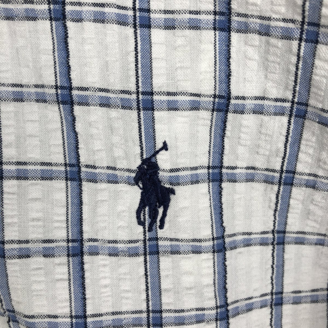 Ralph Lauren BLAIRE seersucker short-sleeved button-down check shirt, men's size M (approx.) cotton blue type Vintage Second Hand