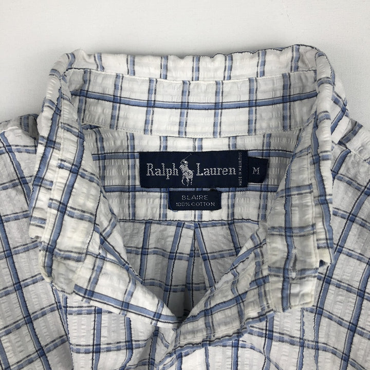 Ralph Lauren BLAIRE seersucker short-sleeved button-down check shirt, men's size M (approx.) cotton blue type Vintage Second Hand