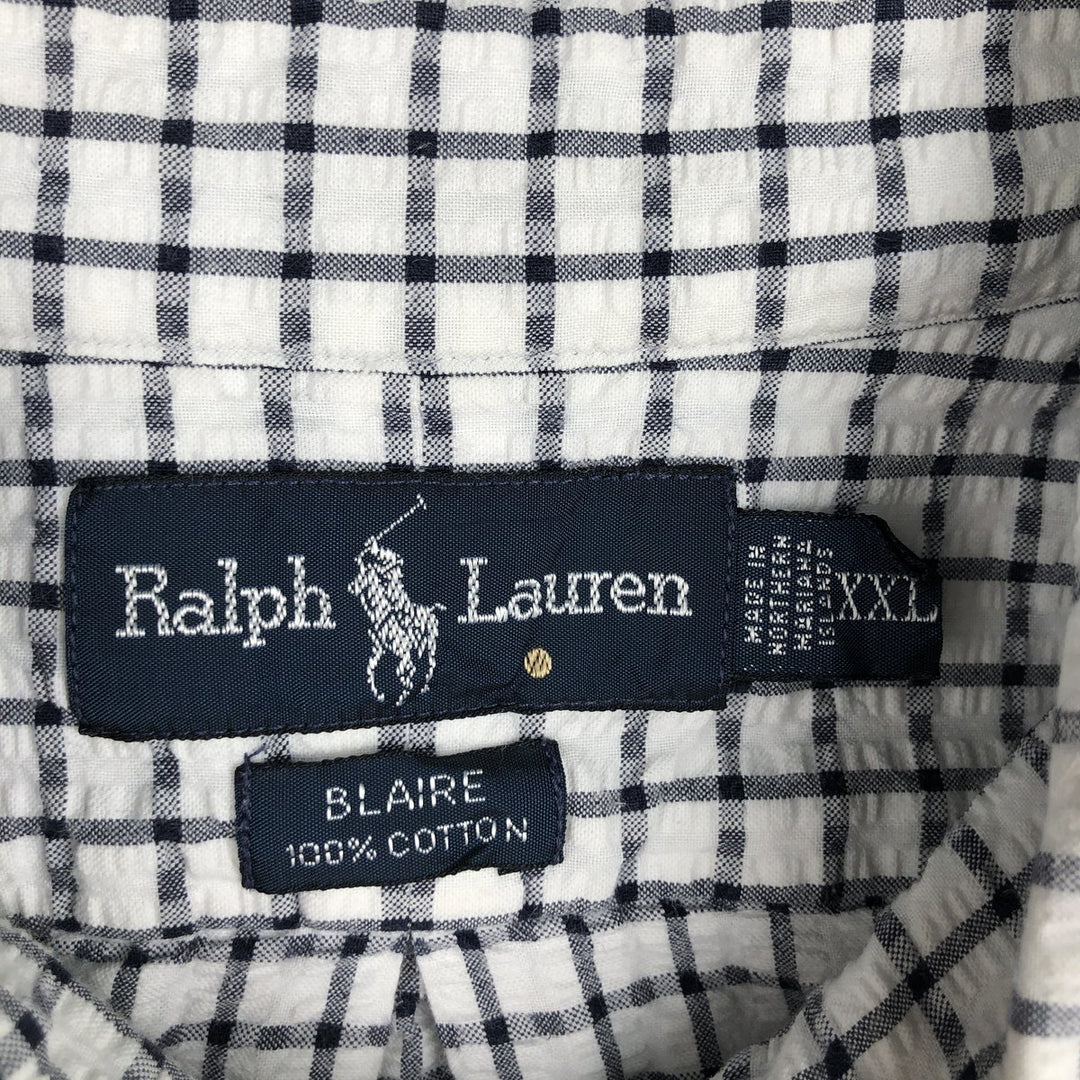 Ralph Lauren BLAIRE Seersucker Short-Sleeve Button-Down Check Shirt, Men's XXL (approx.) cotton white type Vintage Second Hand