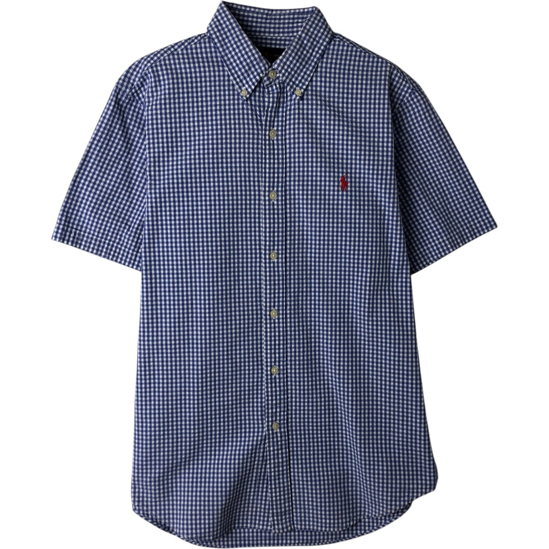 Ralph Lauren gingham check seersucker short-sleeved button-down check shirt, men's size M (approx.) cotton blue type Vintage Second Hand