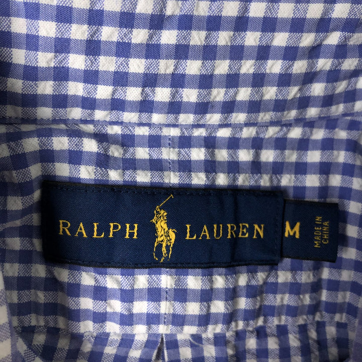 Ralph Lauren gingham check seersucker short-sleeved button-down check shirt, men's size M (approx.) cotton blue type Vintage Second Hand