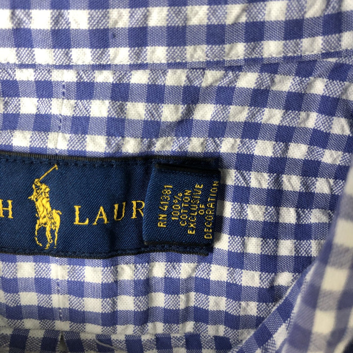 Ralph Lauren gingham check seersucker short-sleeved button-down check shirt, men's size M (approx.) cotton blue type Vintage Second Hand