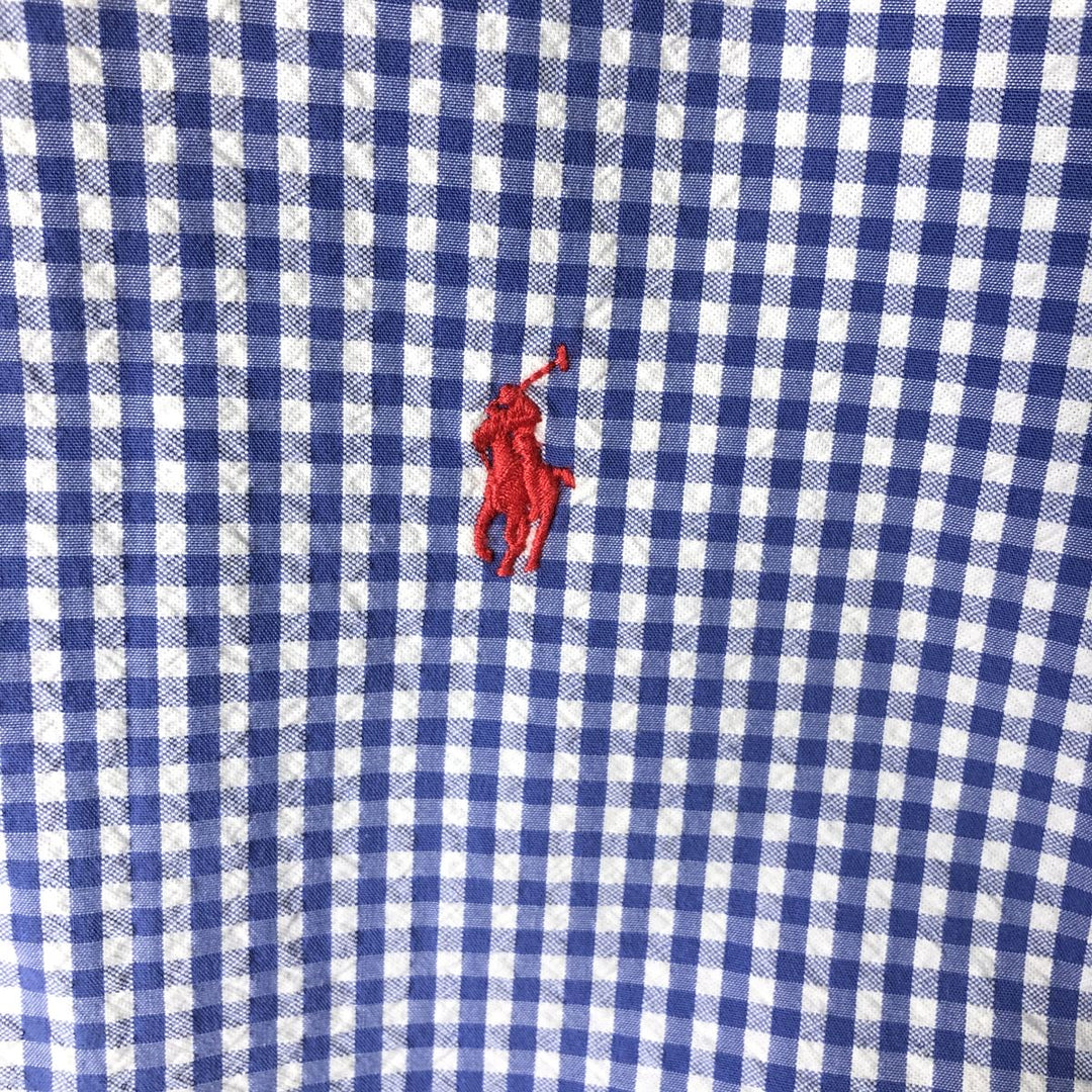 Ralph Lauren gingham check seersucker short-sleeved button-down check shirt, men's size M (approx.) cotton blue type Vintage Second Hand