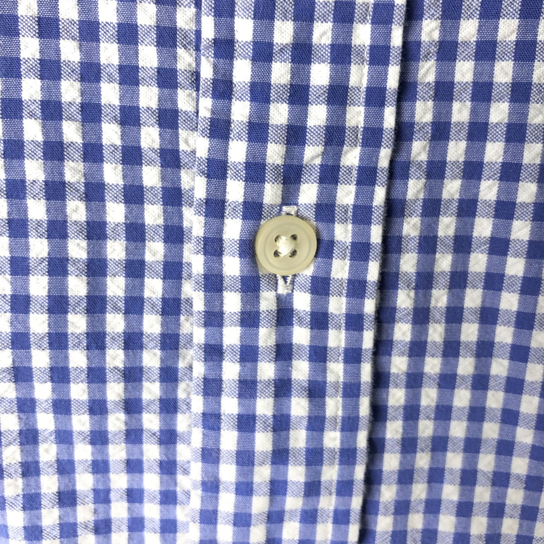 Ralph Lauren gingham check seersucker short-sleeved button-down check shirt, men's size M (approx.) cotton blue type Vintage Second Hand