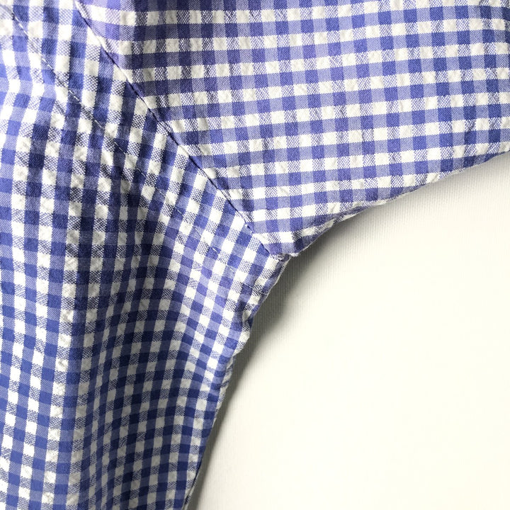 Ralph Lauren gingham check seersucker short-sleeved button-down check shirt, men's size M (approx.) cotton blue type Vintage Second Hand