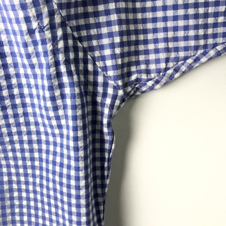Ralph Lauren gingham check seersucker short-sleeved button-down check shirt, men's size M (approx.) cotton blue type Vintage Second Hand