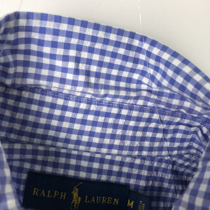 Ralph Lauren gingham check seersucker short-sleeved button-down check shirt, men's size M (approx.) cotton blue type Vintage Second Hand