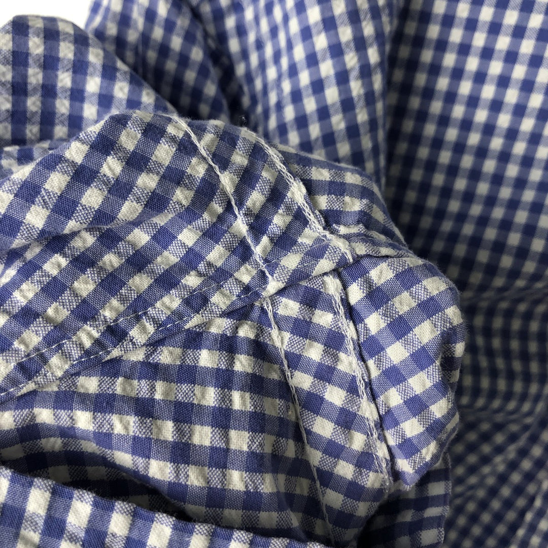 Ralph Lauren gingham check seersucker short-sleeved button-down check shirt, men's size M (approx.) cotton blue type Vintage Second Hand