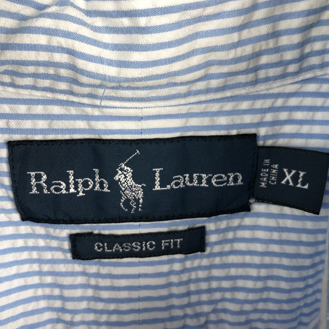 Ralph Lauren CLASSIC FIT Short-Sleeve Seersucker Button-Down Striped Shirt, Men's Size XL (approx.) cotton Blue type light blue Vintage Second Hand