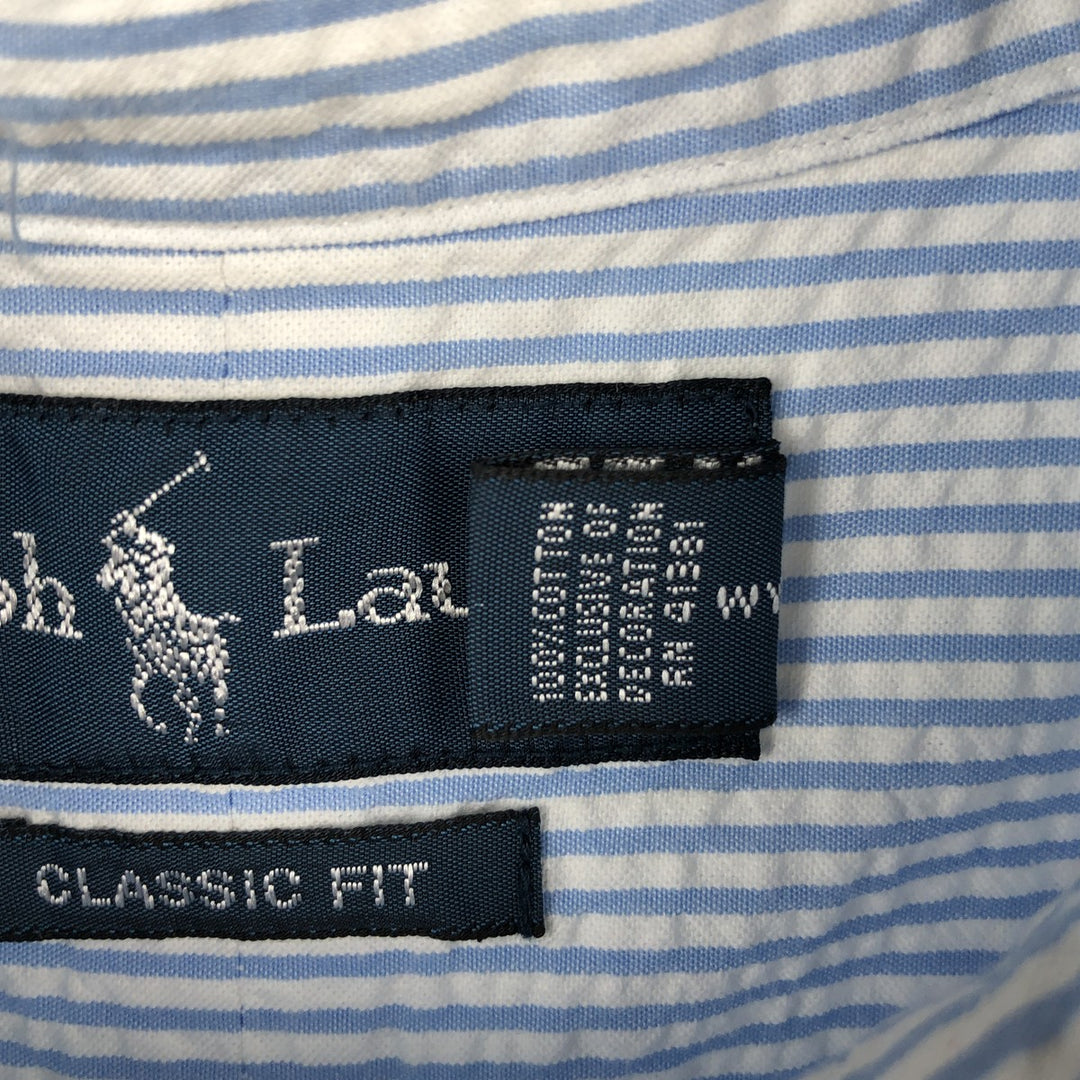 Ralph Lauren CLASSIC FIT Short-Sleeve Seersucker Button-Down Striped Shirt, Men's Size XL (approx.) cotton Blue type light blue Vintage Second Hand