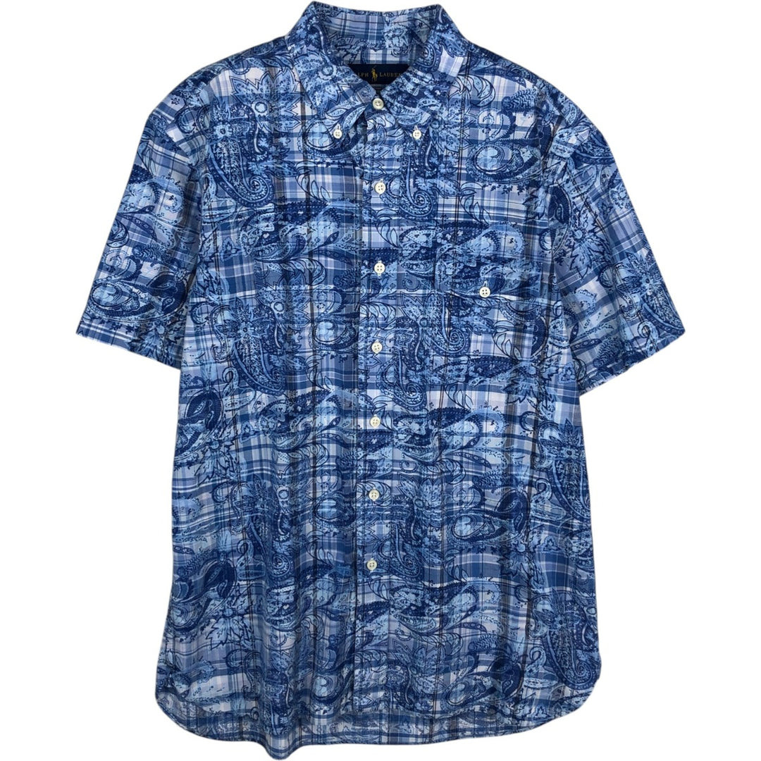 Ralph Lauren all-over check pattern paisley pattern short-sleeved button-down shirt, men's size M (approx.) cotton Blue type light blue Vintage Second Hand