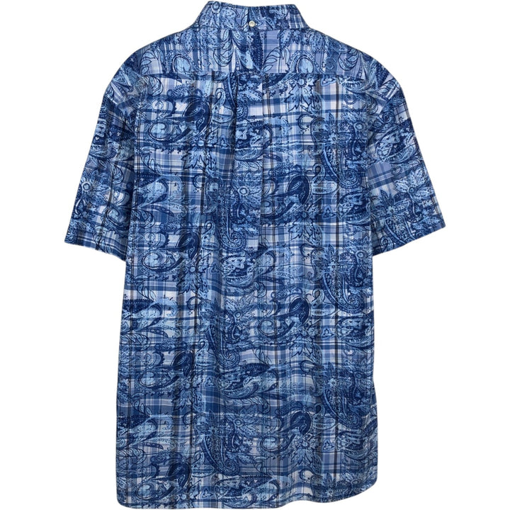 Ralph Lauren all-over check pattern paisley pattern short-sleeved button-down shirt, men's size M (approx.) cotton Blue type light blue Vintage Second Hand