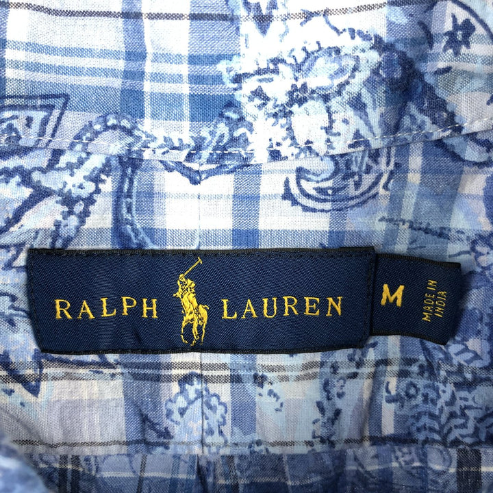Ralph Lauren all-over check pattern paisley pattern short-sleeved button-down shirt, men's size M (approx.) cotton Blue type light blue Vintage Second Hand