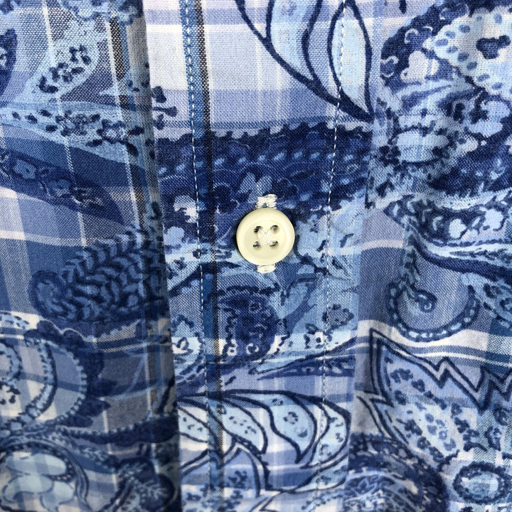 Ralph Lauren all-over check pattern paisley pattern short-sleeved button-down shirt, men's size M (approx.) cotton Blue type light blue Vintage Second Hand