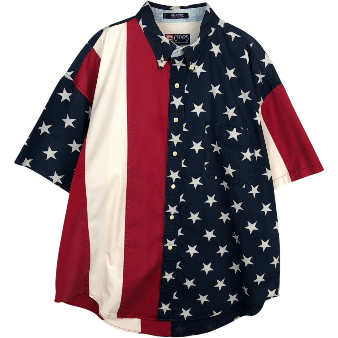 Ralph Lauren CHAPS short-sleeved button-down shirt with American flag pattern, men's size XL. cotton red type Vintage Second Hand
