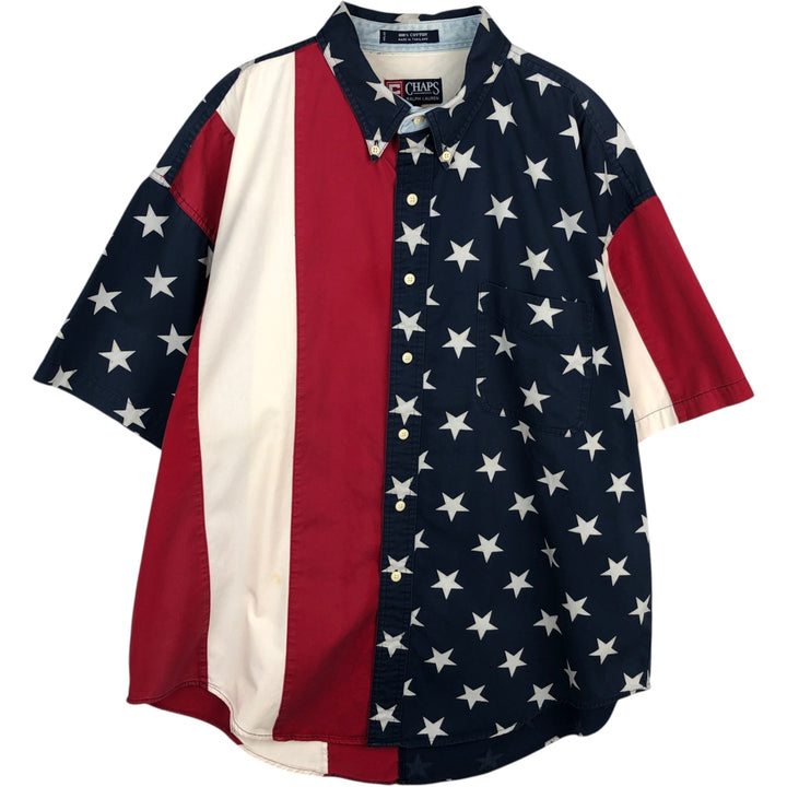 Ralph Lauren CHAPS short-sleeved button-down shirt with American flag pattern, men's size XL. cotton red type Vintage Second Hand