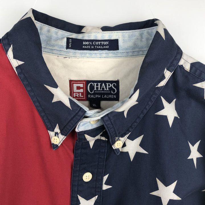 Ralph Lauren CHAPS short-sleeved button-down shirt with American flag pattern, men's size XL. cotton red type Vintage Second Hand