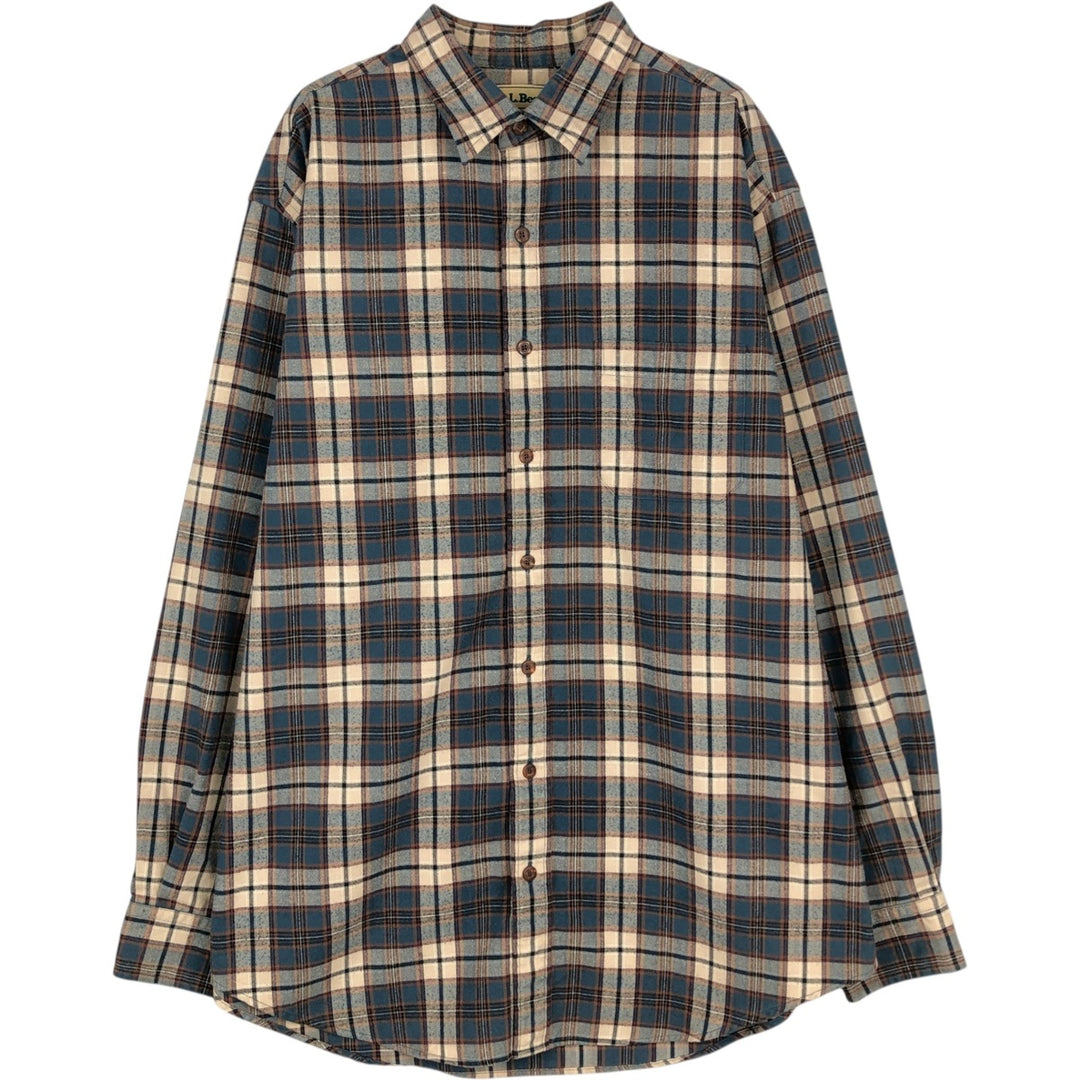 Vintage LLBean long-sleeved flannel check shirt from the 1990s, men's size L. cotton Beige type Vintage Second Hand