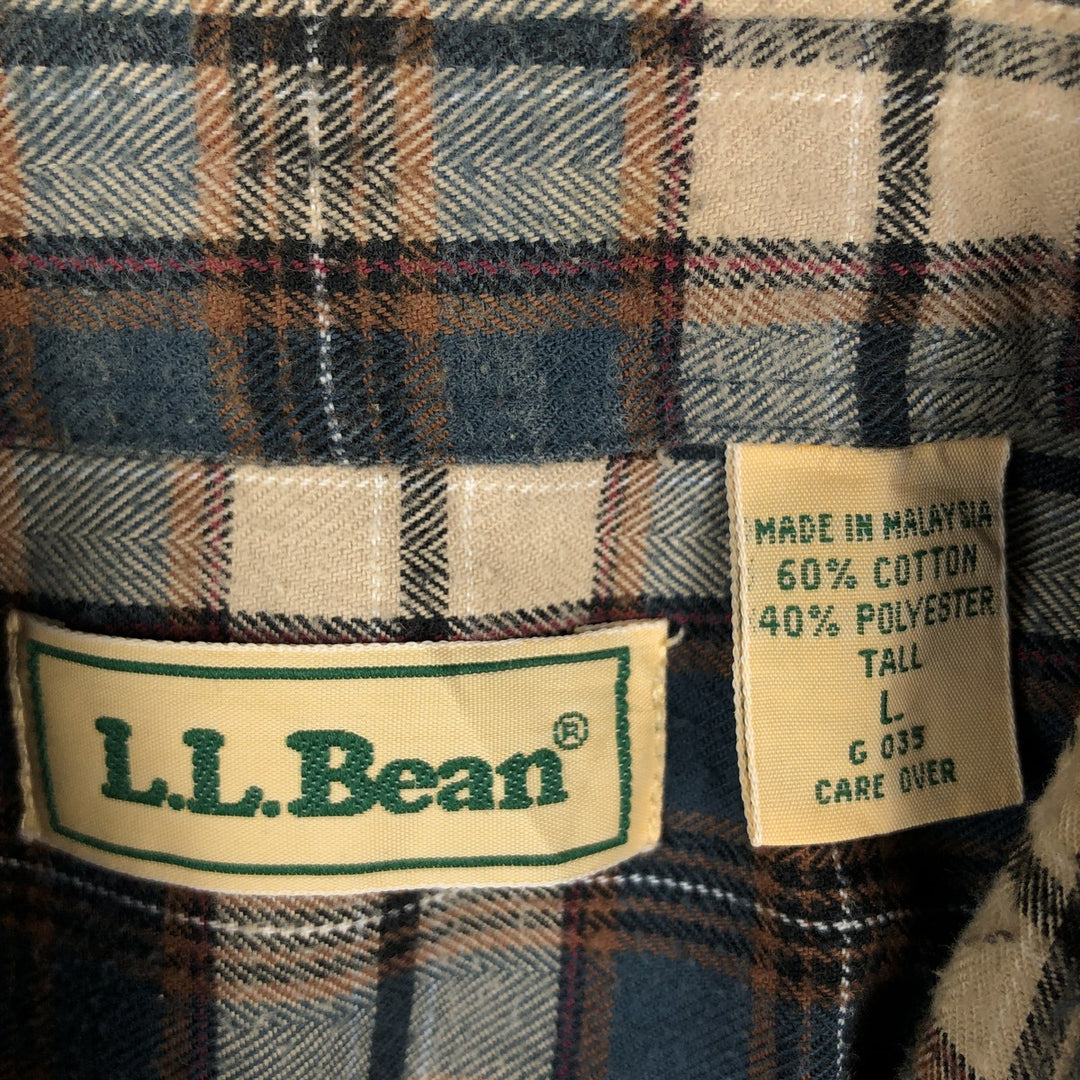 Vintage LLBean long-sleeved flannel check shirt from the 1990s, men's size L. cotton Beige type Vintage Second Hand
