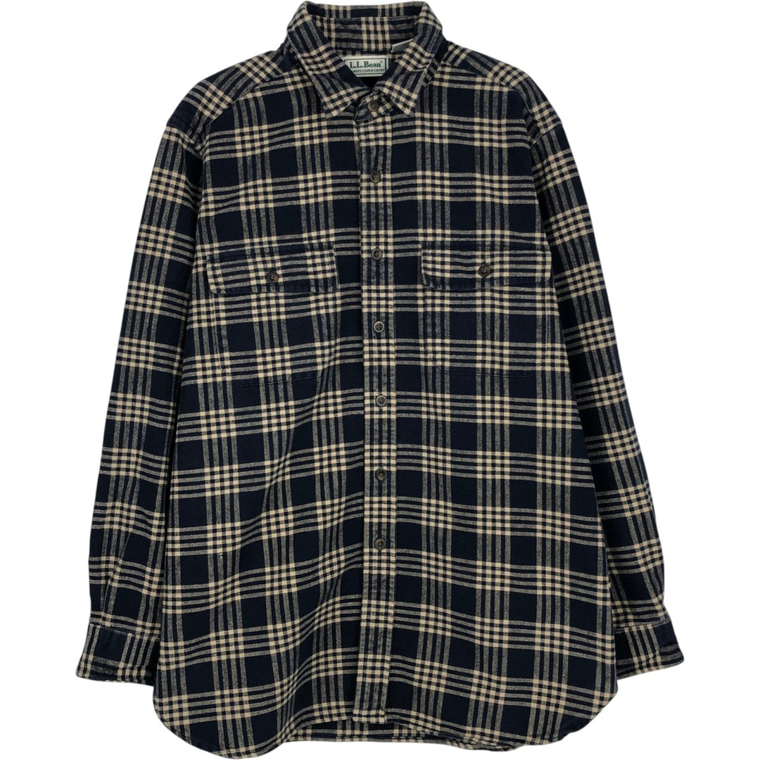 80s-90'S L.L.Bean Chamois Shirt, Long Sleeve, Flannel Check Shirt, Made in USA, Men's Size L (Equivalent), Vintage cotton navy blue type Vintage Second Hand