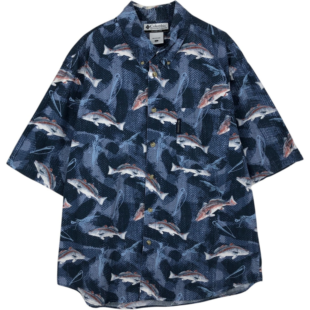 2000'S Columbia all-over fish print short-sleeved button-down shirt, men's size L (approx.) cotton blue type Vintage Second Hand