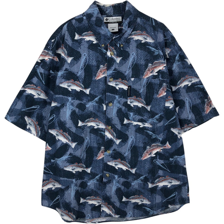 2000'S Columbia all-over fish print short-sleeved button-down shirt, men's size L (approx.) cotton blue type Vintage Second Hand