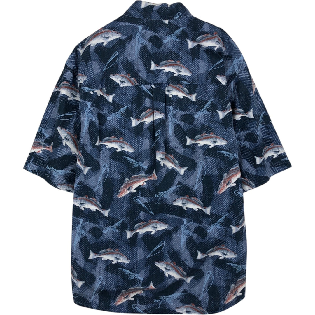 2000'S Columbia all-over fish print short-sleeved button-down shirt, men's size L (approx.) cotton blue type Vintage Second Hand