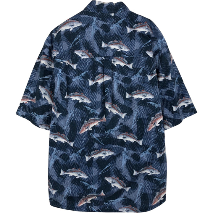 2000'S Columbia all-over fish print short-sleeved button-down shirt, men's size L (approx.) cotton blue type Vintage Second Hand