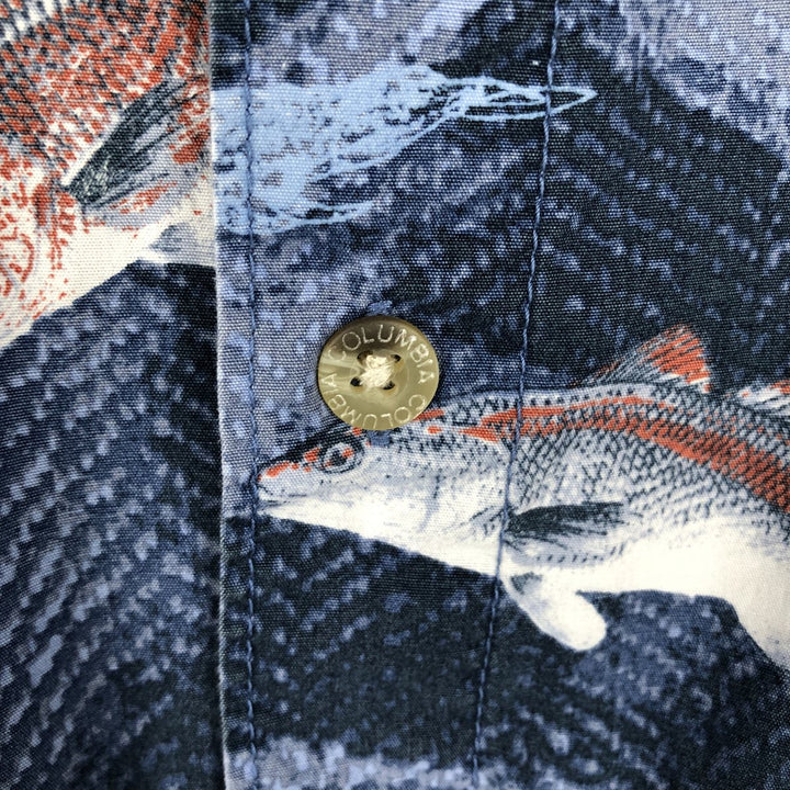 2000'S Columbia all-over fish print short-sleeved button-down shirt, men's size L (approx.) cotton blue type Vintage Second Hand