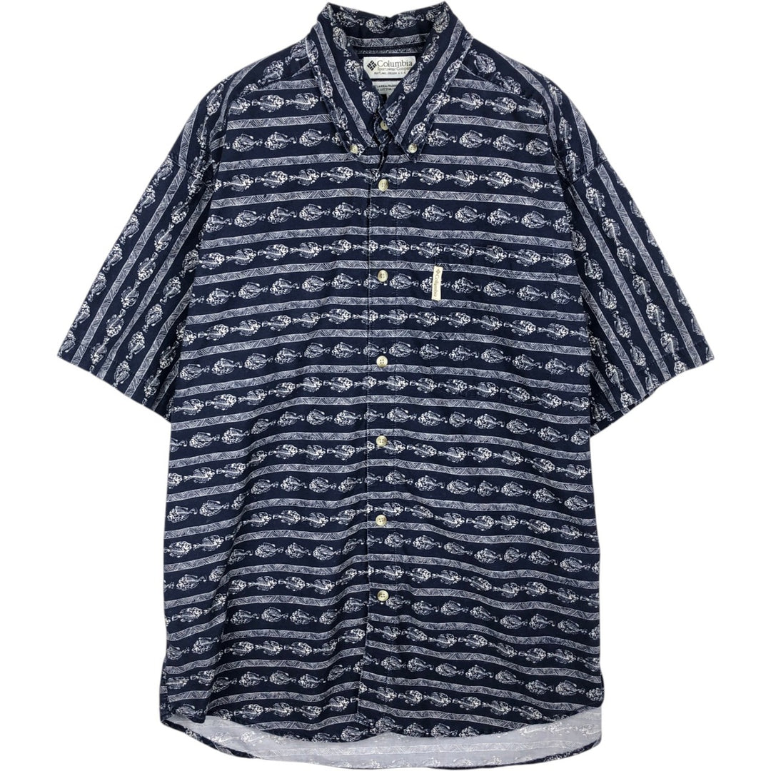 2000'S Columbia all-over fish print short-sleeved button-down shirt, men's size L (approx.) cotton navy blue type Vintage Second Hand