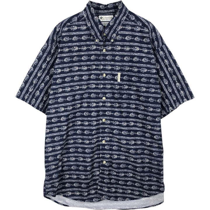 2000'S Columbia all-over fish print short-sleeved button-down shirt, men's size L (approx.) cotton navy blue type Vintage Second Hand