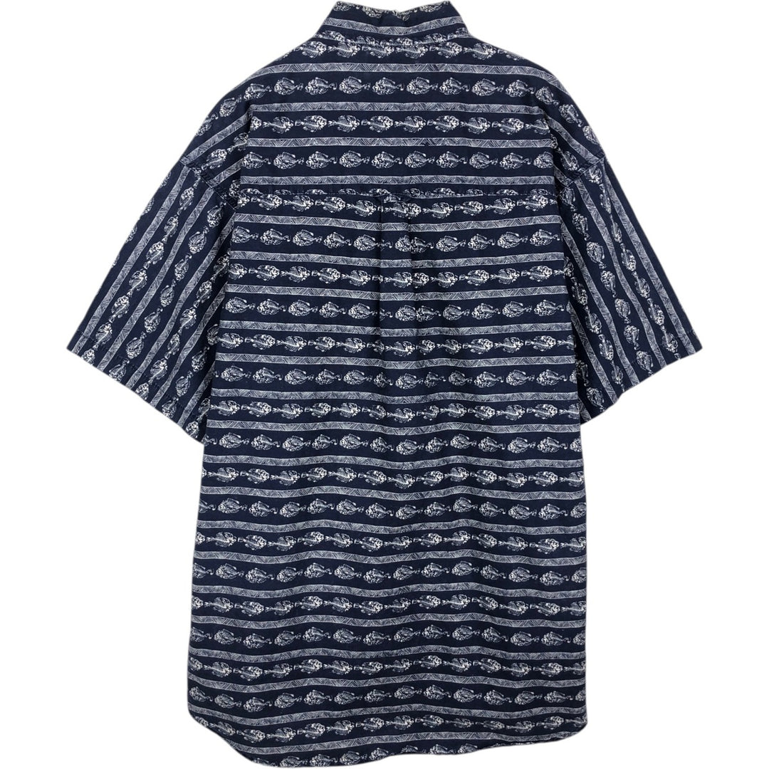 2000'S Columbia all-over fish print short-sleeved button-down shirt, men's size L (approx.) cotton navy blue type Vintage Second Hand
