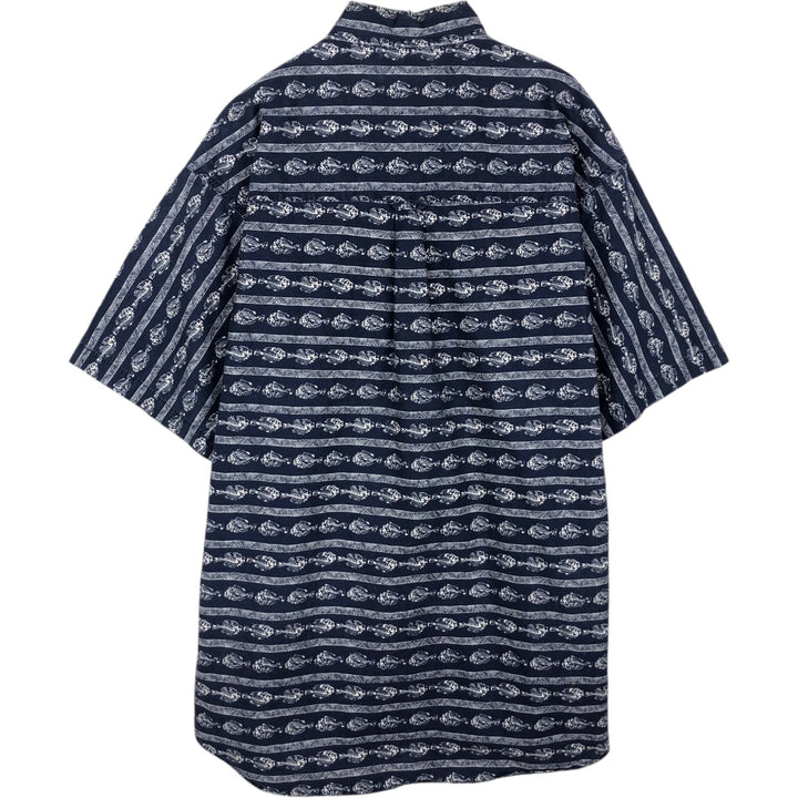 2000'S Columbia all-over fish print short-sleeved button-down shirt, men's size L (approx.) cotton navy blue type Vintage Second Hand