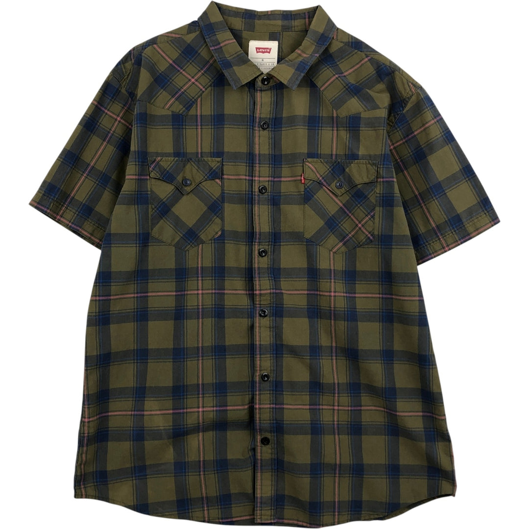 Levi's short-sleeved cotton check shirt, men's size XL (approx.) cotton Khaki type Vintage Second Hand