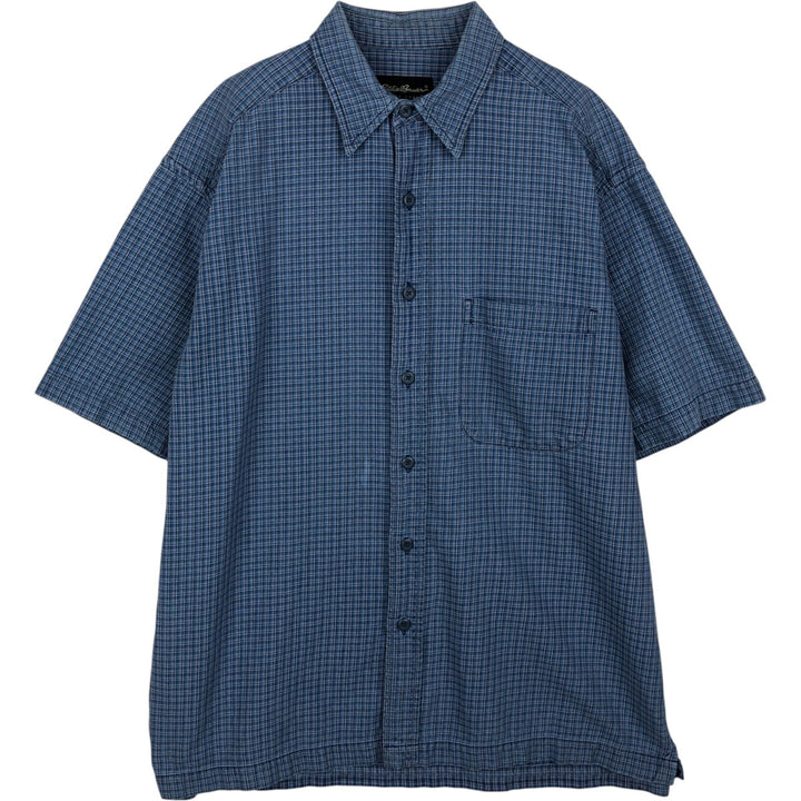 Eddie Bauer Short-Sleeve Cotton Check Shirt, Boxy Fit, Men's Size M (approx.) cotton blue type Vintage Second Hand