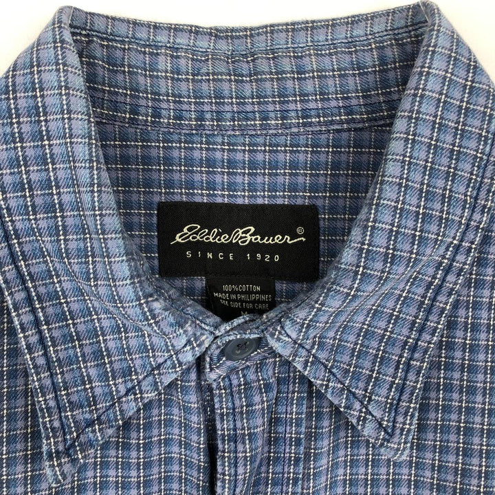 Eddie Bauer Short-Sleeve Cotton Check Shirt, Boxy Fit, Men's Size M (approx.) cotton blue type Vintage Second Hand