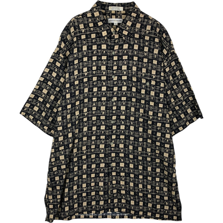 Pierre Cardin all-over print short-sleeved rayon shirt, boxy fit, men's size L. Rayon black type Vintage Second Hand