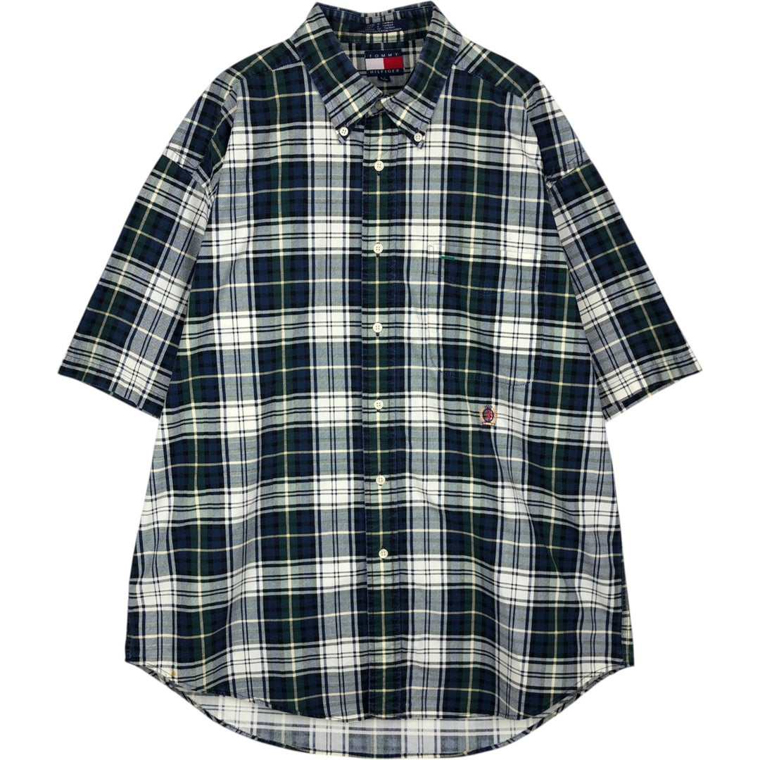 1990'S Tommy Hilfiger Short-Sleeve Button-Down Check Shirt, Men's Size L (approx.) cotton navy blue type Vintage Second Hand