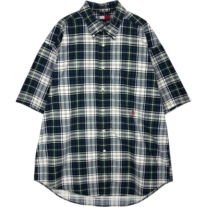 1990'S Tommy Hilfiger Short-Sleeve Button-Down Check Shirt, Men's Size L (approx.) cotton navy blue type Vintage Second Hand