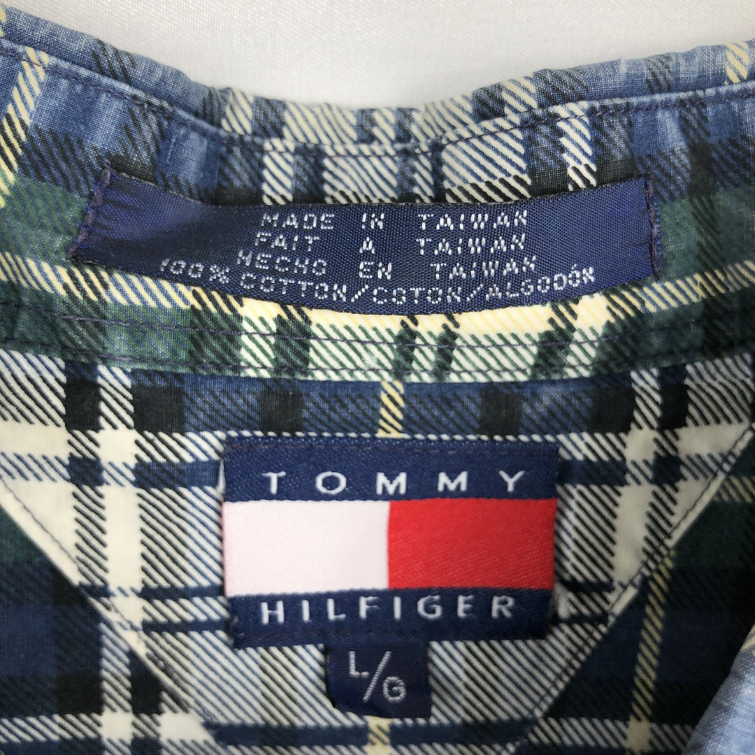 1990'S Tommy Hilfiger Short-Sleeve Button-Down Check Shirt, Men's Size L (approx.) cotton navy blue type Vintage Second Hand