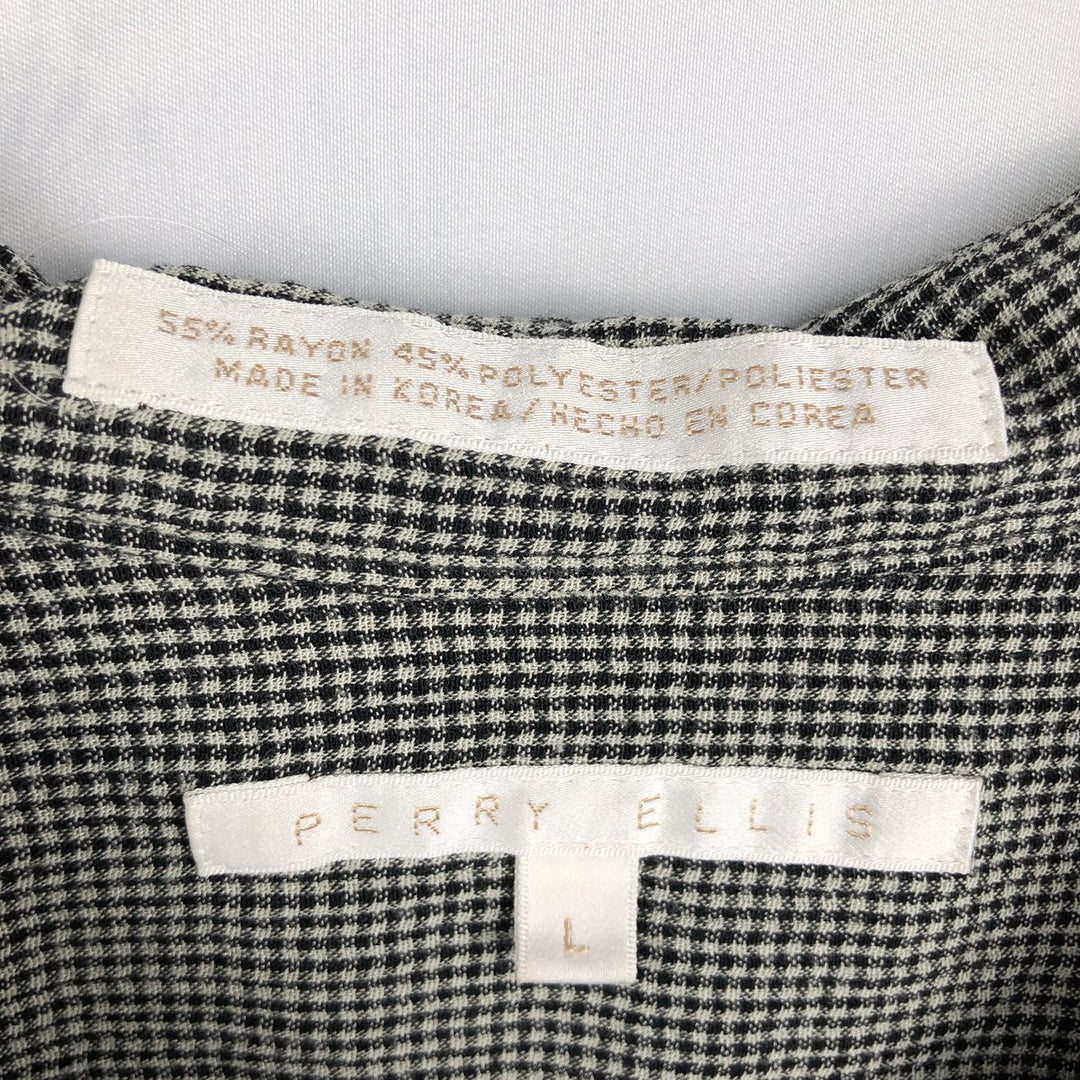 Perry Ellis Check Pattern Short-Sleeve Open-Collar Rayon Shirt, Men's Size L (approx.) Rayon black type Vintage Second Hand