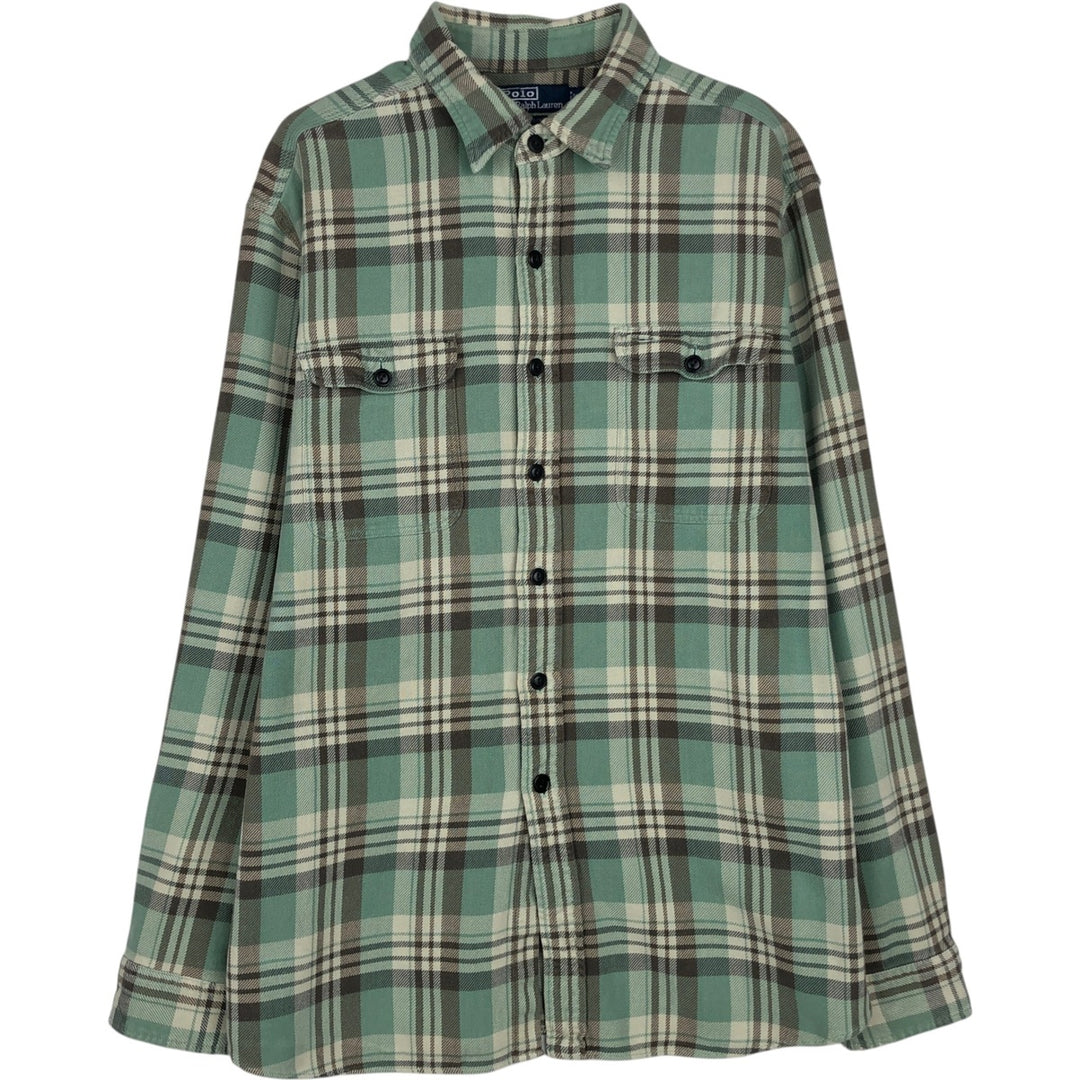 Ralph Lauren POLO by Ralph Lauren MATLOCK Long-Sleeve Light Flannel Check Shirt, Men's Size L (approx.) cotton Emerald green Vintage Second Hand