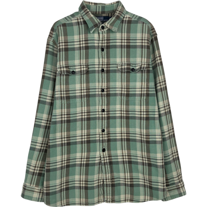 Ralph Lauren POLO by Ralph Lauren MATLOCK Long-Sleeve Light Flannel Check Shirt, Men's Size L (approx.) cotton Emerald green Vintage Second Hand