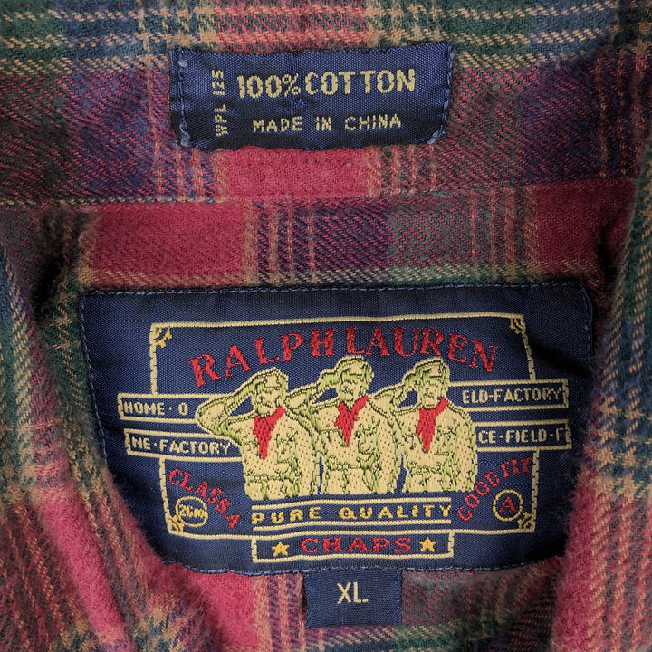 Ralph Lauren CHAPS Long-Sleeve Button-Down Flannel Check Shirt, Men's Size XL (approx.) cotton Red type red-purple Vintage Second Hand