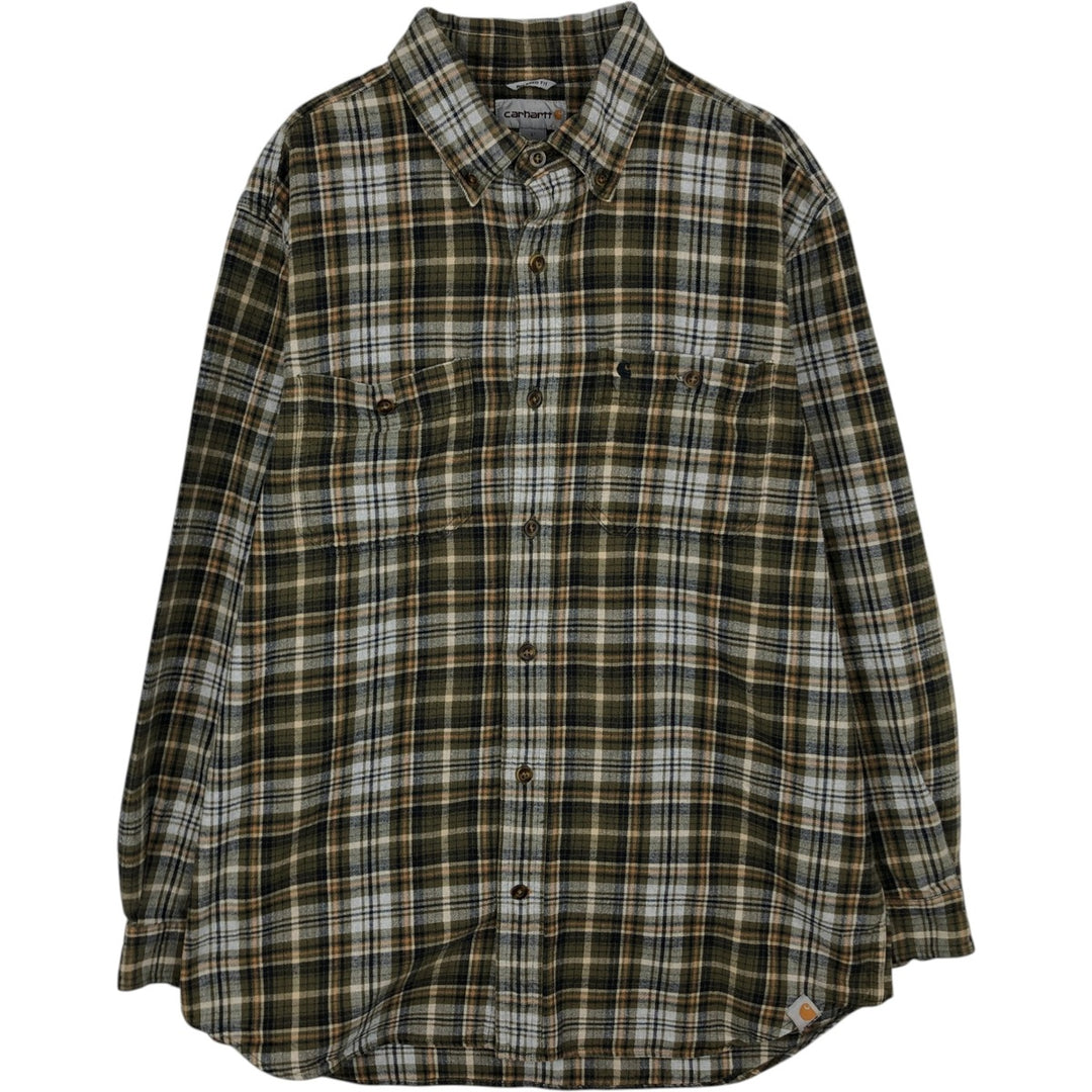 Carhartt Relaxed Fit Long Sleeve Button Down Flannel Check Shirt, Men's Size L cotton Khaki type sage green Vintage Second Hand
