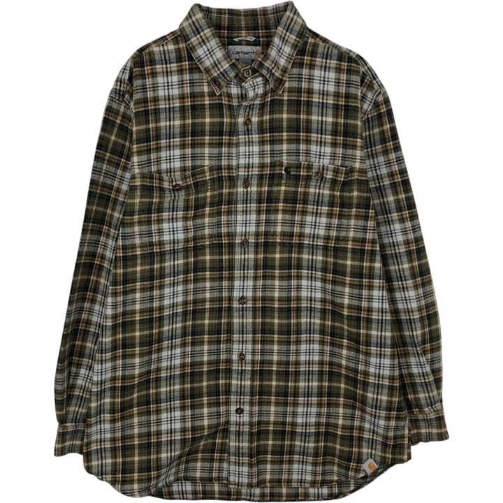 Carhartt Relaxed Fit Long Sleeve Button Down Flannel Check Shirt, Men's Size L cotton Khaki type sage green Vintage Second Hand