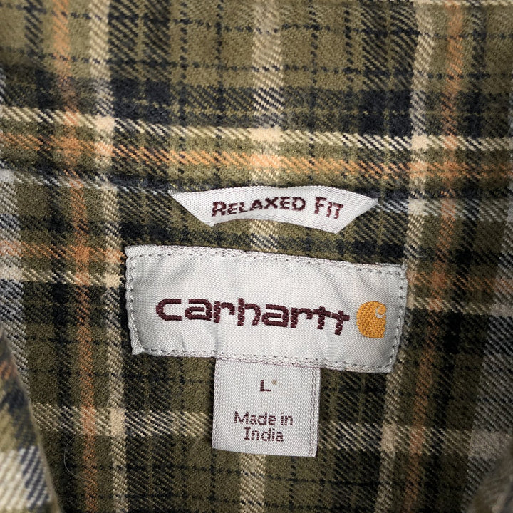 Carhartt Relaxed Fit Long Sleeve Button Down Flannel Check Shirt, Men's Size L cotton Khaki type sage green Vintage Second Hand
