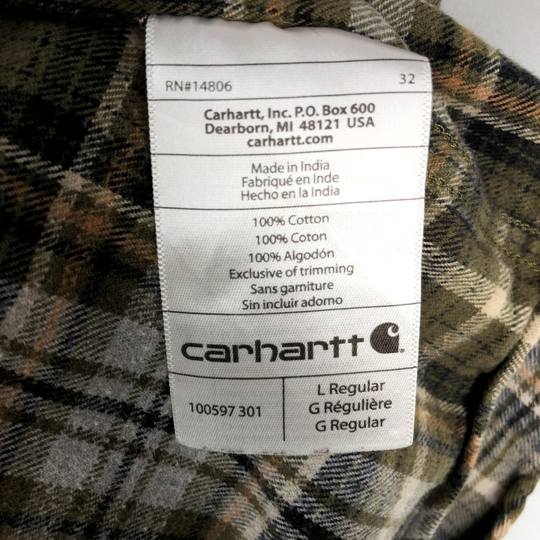 Carhartt Relaxed Fit Long Sleeve Button Down Flannel Check Shirt, Men's Size L cotton Khaki type sage green Vintage Second Hand