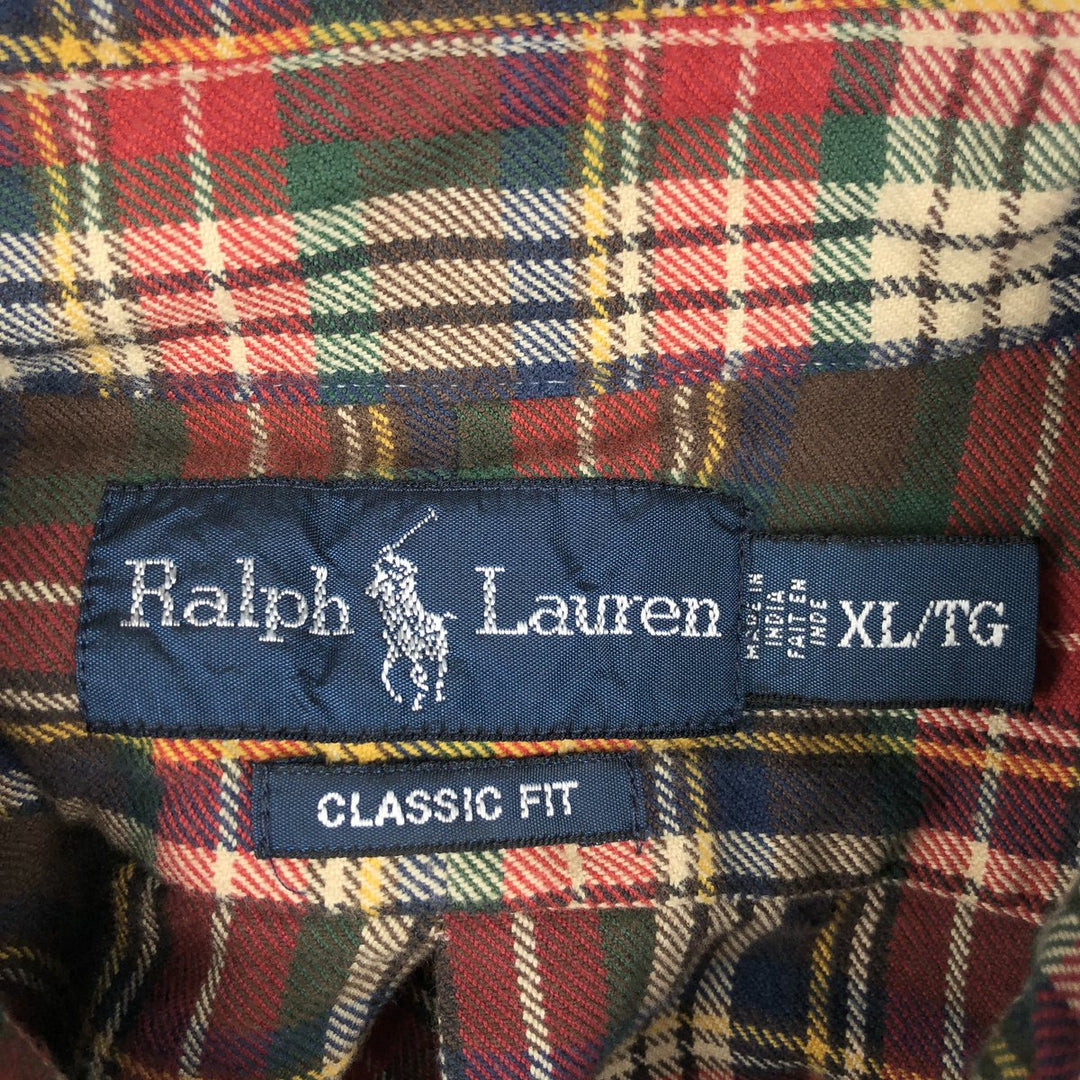 Ralph Lauren POLO by Ralph Lauren CLASSIC FIT Long-Sleeve Button-Down Flannel Check Shirt, Men's Size XL (approx.) cotton red type Vintage Second Hand