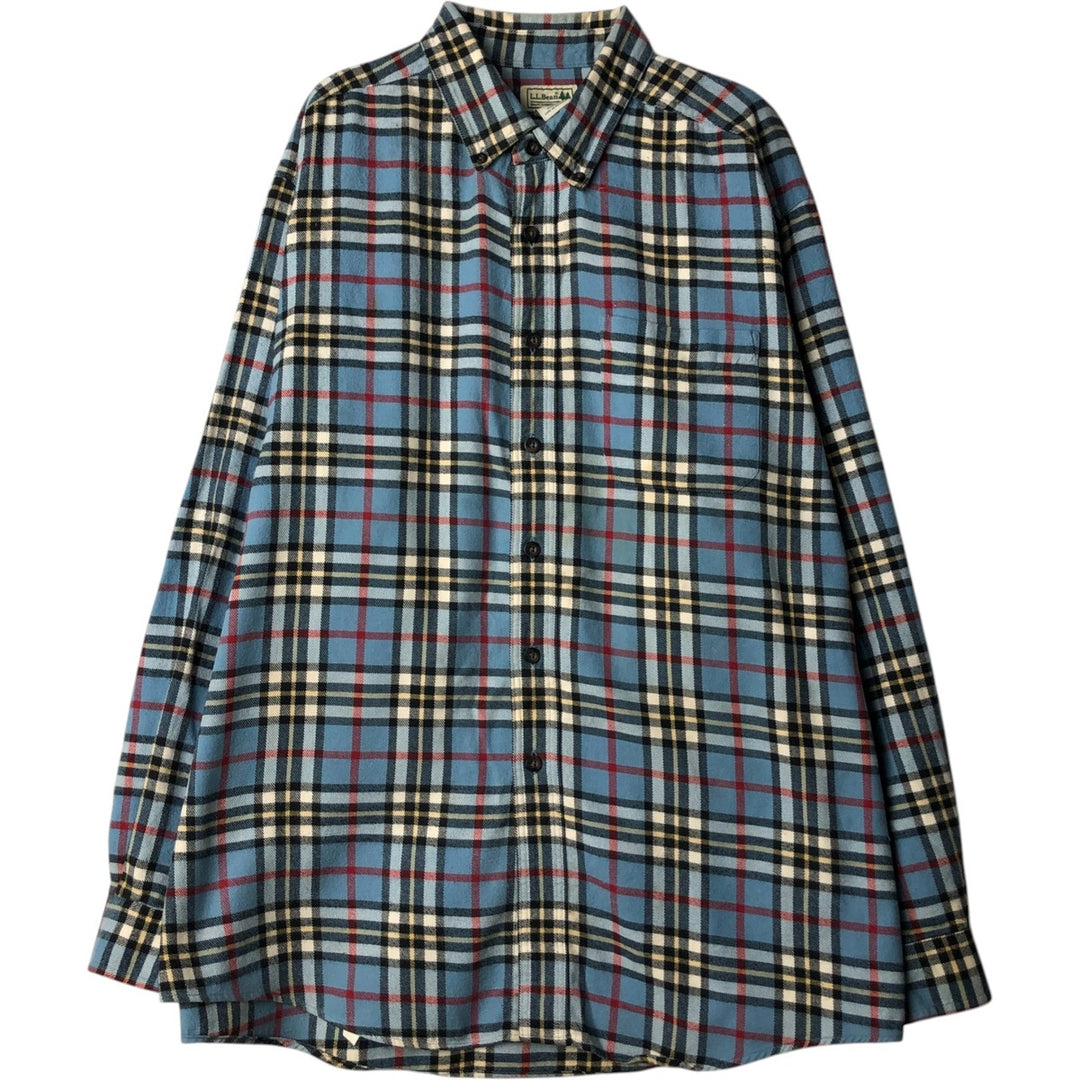 LLBean Tartan Check Long-Sleeve Button-Down Light Flannel Shirt, Men's Size XL (approx.) cotton Blue type light blue Vintage Second Hand